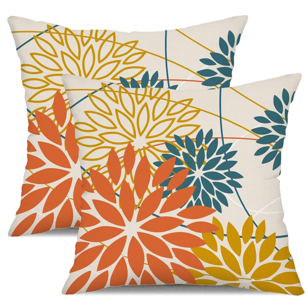 2825 Orange and Yellow Floral Pillow Covers 16x16 Set of 2 Fall Outdoor